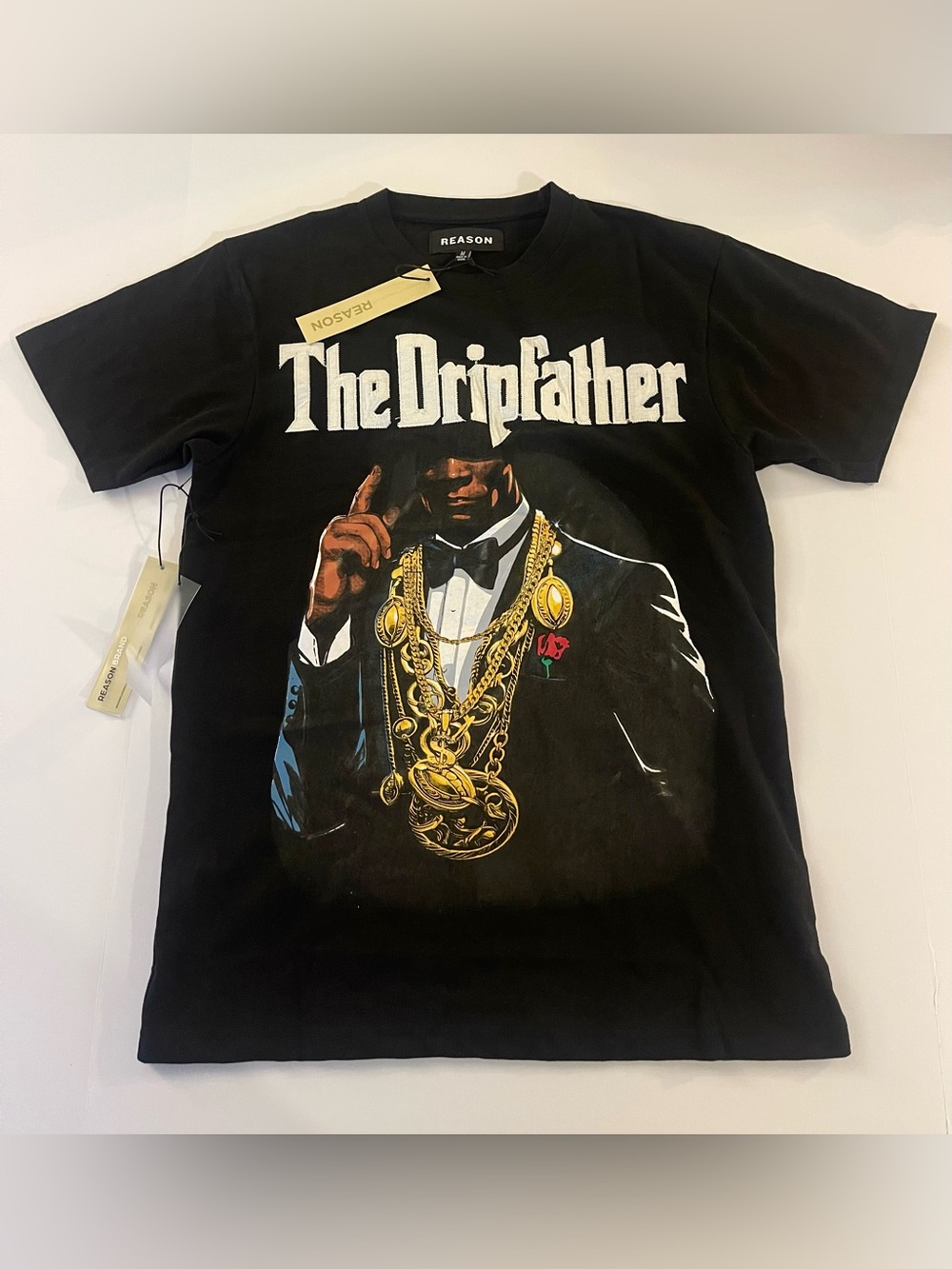Reason Black Graphic 'The Dripfather' Tee with Gold Chain Artwork